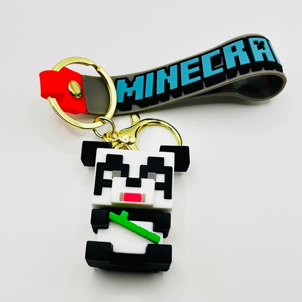 Panda Minecraft Keychain Unisex OS White Black Rubber Wristlet Strap Charm